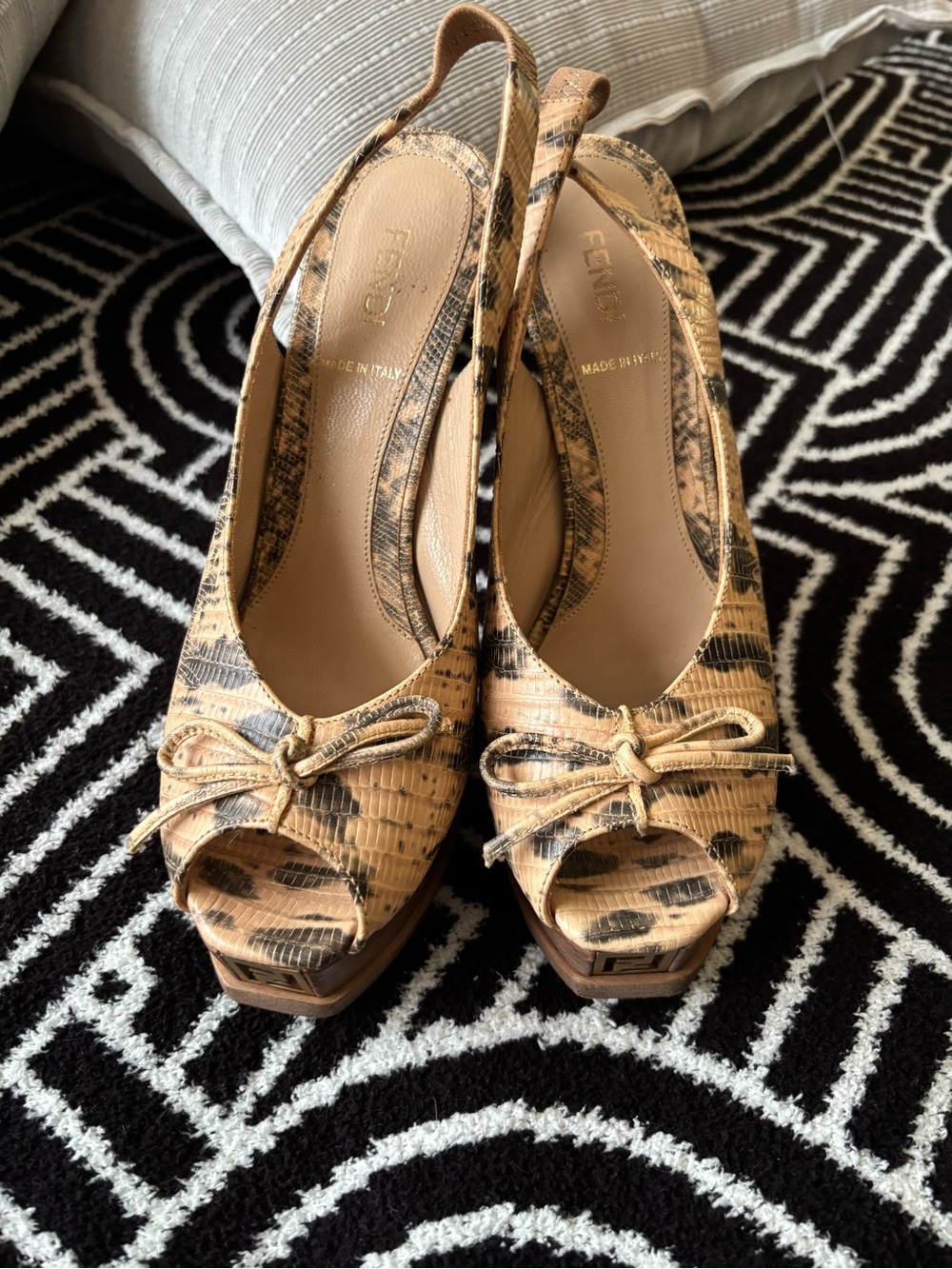 Fendi Beige Snake-Print Peep-Toe Slingback Heels